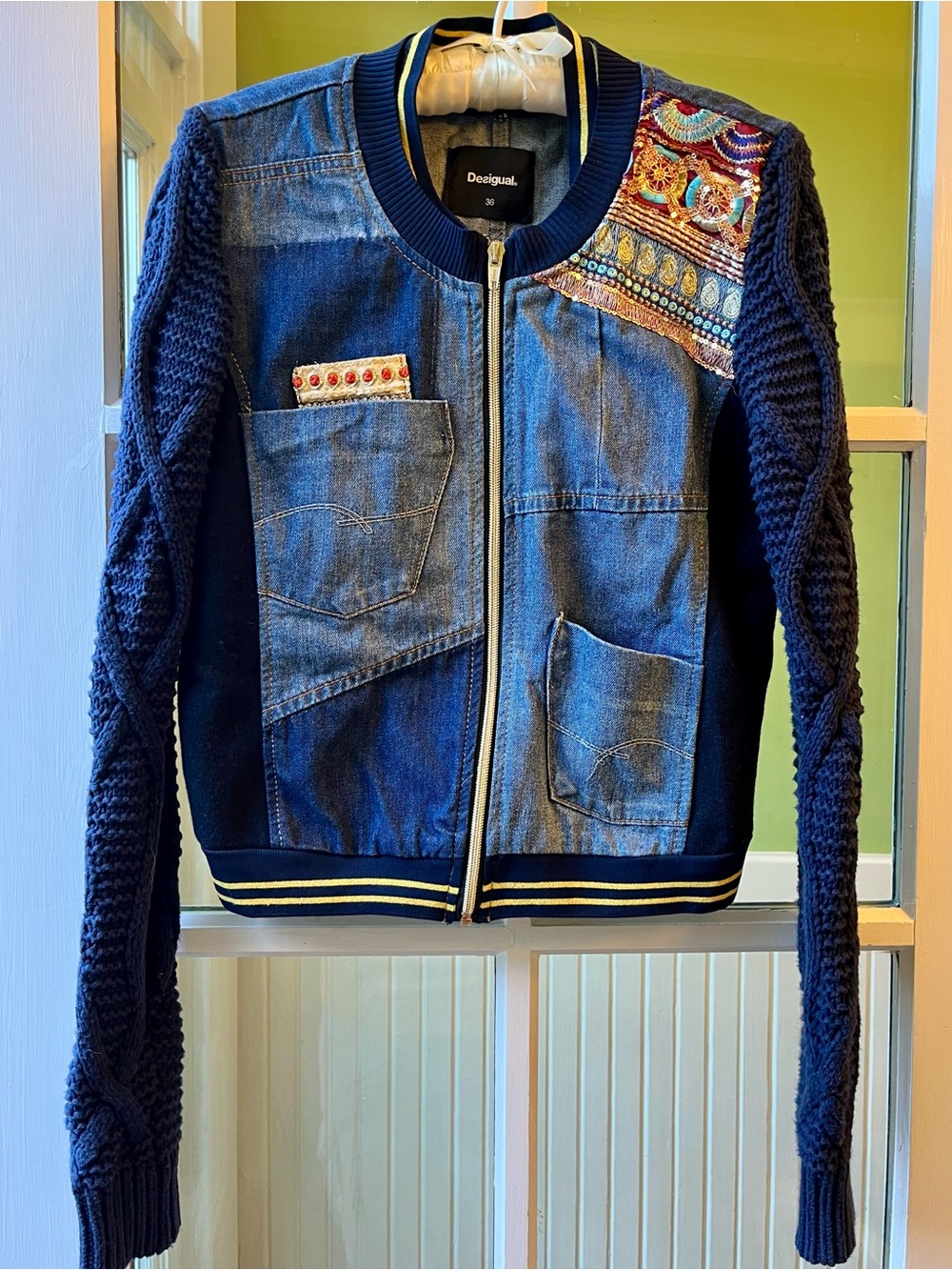 Desigual Navy Knit & Denim Mixed-Media Zip Jacket with Embroidered Accents
